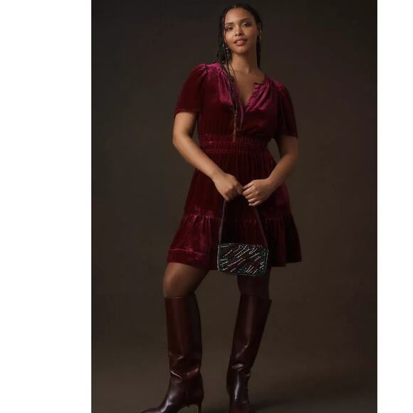 New Anthropologie The Somerset Mini Dress: Velvet Edition $168 XXS - 00 Wine - Picture 5 of 9